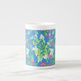 Taza De Porcelana Naranja falso, Weigela, rosa, blanco en azul