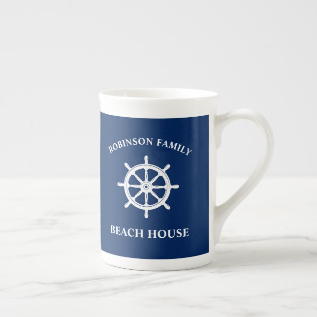 Taza De Porcelana Nautical Ship Wheel Helm Family Beach House Naval (Derecha)