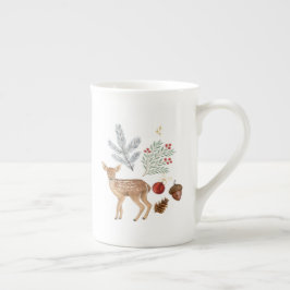 Taza De Porcelana Navidades de venado y botánico de acuarela rusa