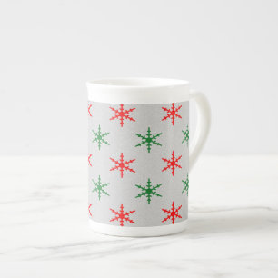 Taza De Porcelana Navidades rojos y verdes copos de nieve hueso de p