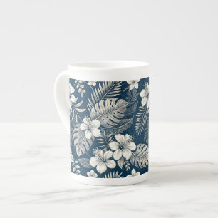 Taza De Porcelana Navy Blue Hibiscus Monstera Tropical Botanical