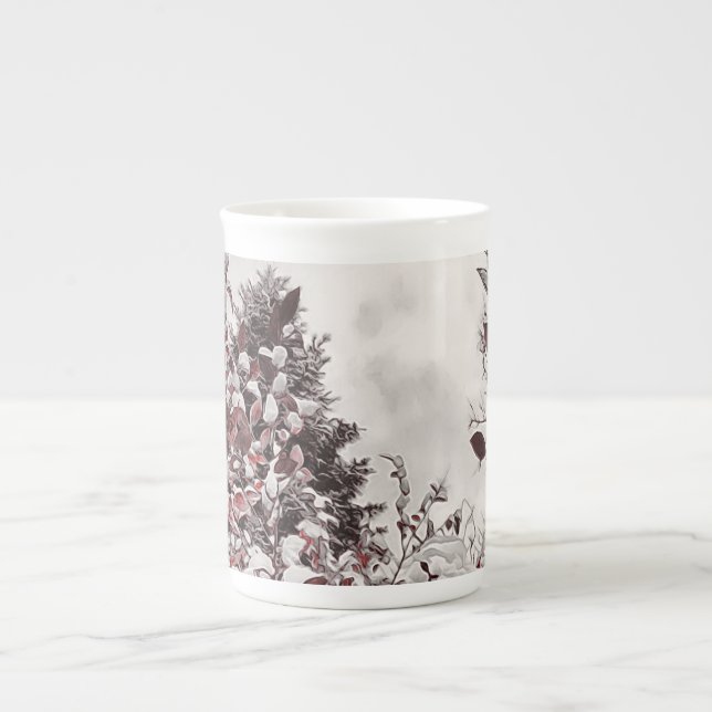 Taza De Porcelana Nieve Fresca Sobre Hojas Rojas (Frente)