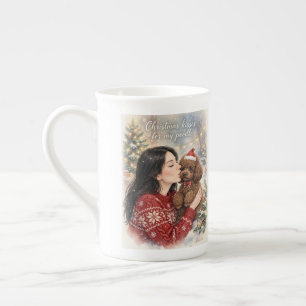 Taza De Porcelana Niña besando a cachorro de caniche–Mamá caniche