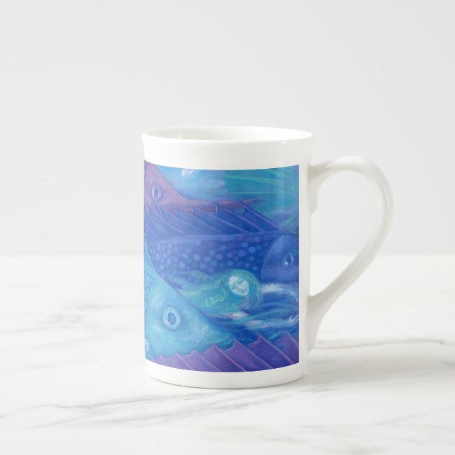 Taza De Porcelana Nómadas oceánicas, sirenas náuticas y peces (Derecha)