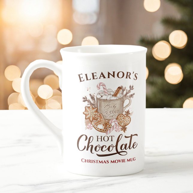 Taza De Porcelana Nombre de chocolate caliente Hueso beige Navidad d (Hot Chocolate Name Beige Bone China Christmas Mug)