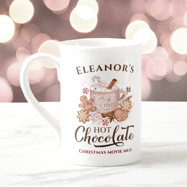 Taza De Porcelana Nombre de chocolate caliente Hueso rosa China Navi (Hot Chocolate Name Pink Bone China Christmas Mug)