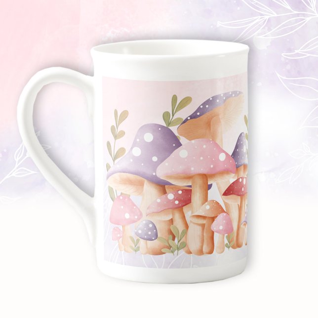 Taza De Porcelana Nombre de la caída de hongos morados rosados (Pink Purple Mushrooms Cute Fall Name Bone China Mug)
