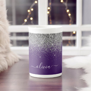 Taza De Porcelana Nombre de monograma femenino con brillo plateado p