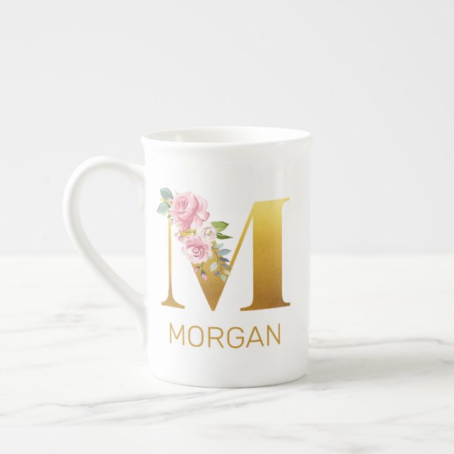 Taza De Porcelana Nombre de monograma floral inicial botánico person (Izquierda)