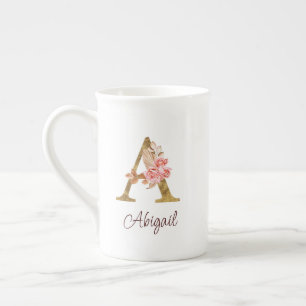 Taza De Porcelana Nombre personalizado Blush rosas rosadas hoja dora