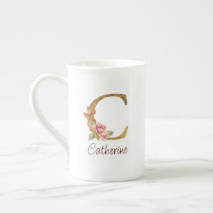Taza De Porcelana Nombre personalizado Blush rosas rosadas letra C c