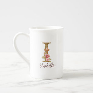 Taza De Porcelana Nombre personalizado letra I Lámina de oro rosas r