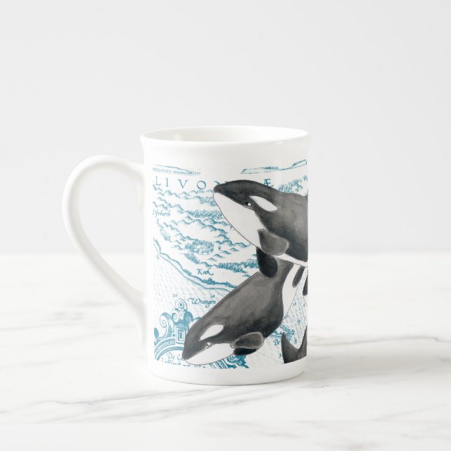 Taza De Porcelana Orca ballena antigua azul (Izquierda)