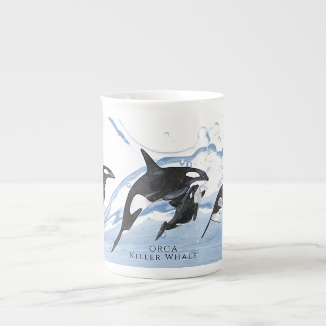 Taza De Porcelana Orcas de acuarela blanca y negra increíbles (Frente)