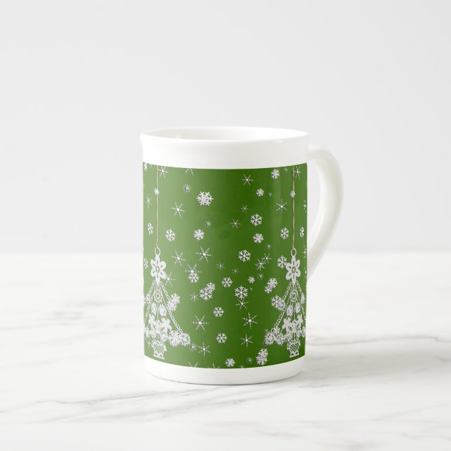 Taza De Porcelana Ornate White Christmas Tree & Snowflakes (Derecha)