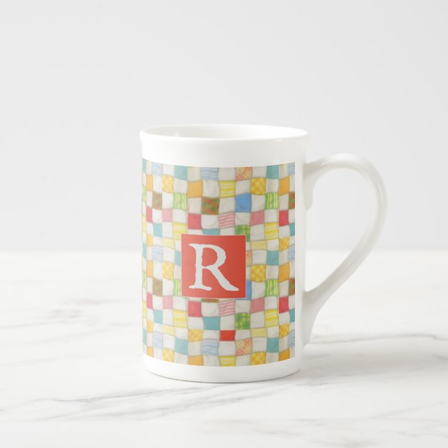 Taza de porcelana ósea CRAZY QUILT + Texto / Rojo (Derecha)