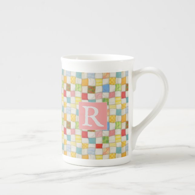 Taza de porcelana ósea CRAZY QUILT + Texto / Rosa (Derecha)