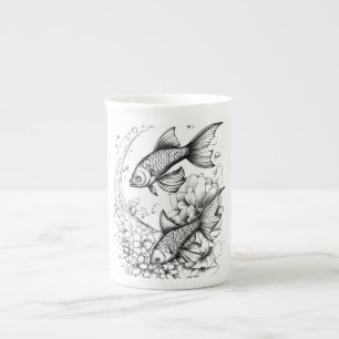 Taza de porcelana ósea Estanque de koi tranquilo
