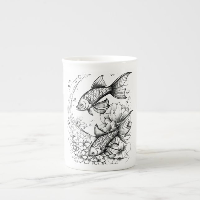 Taza de porcelana ósea Estanque de koi tranquilo (Frente)