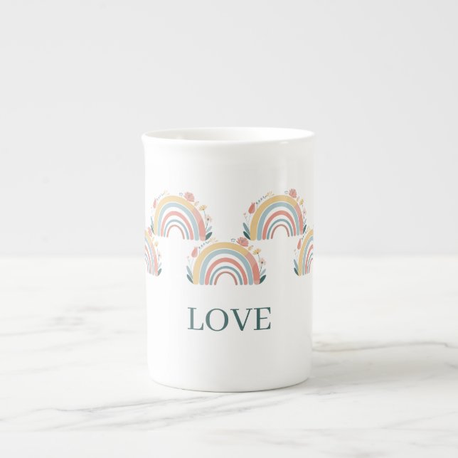 Taza de porcelana ósea Floral Boho Arcoíris (Frente)