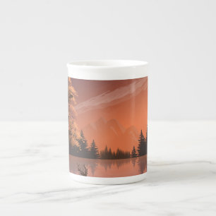Taza De Porcelana Paisaje Sunrise con Lago y Deers-51207
