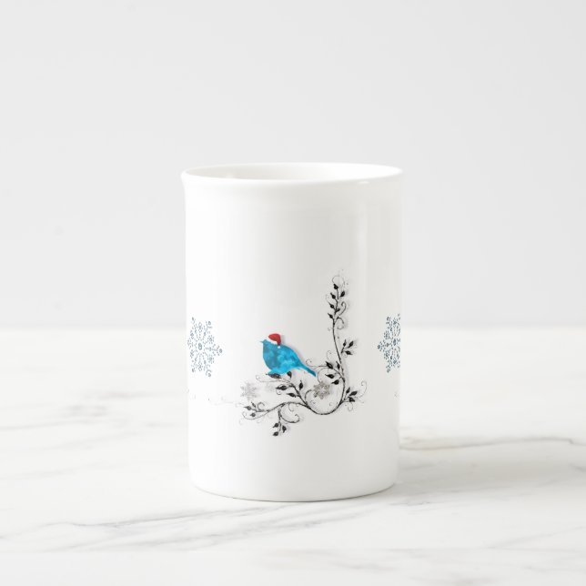 Taza De Porcelana Pajarito azul en un Sombrero Santa (Frente)