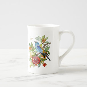 Taza De Porcelana Pájaro Azul Entre Granadas Botánico Acuarela