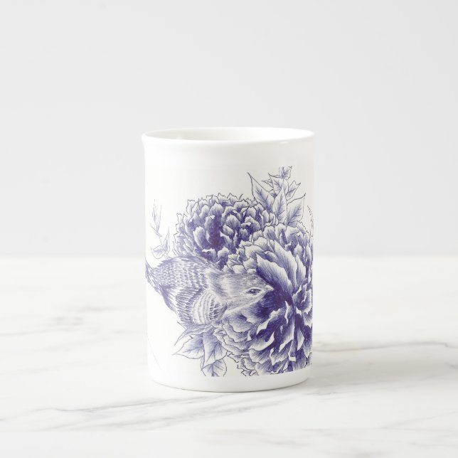 Taza De Porcelana Pájaro azul y Peony de "poca curiosidad" (Frente)
