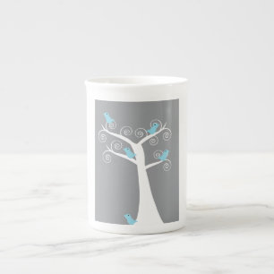 Taza De Porcelana Pájaros Azules Claros en un Árbol Blanco Caprichos