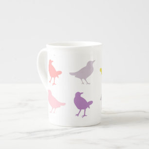 Taza De Porcelana Pájaros Pastel rosa y Púrpura con Aves