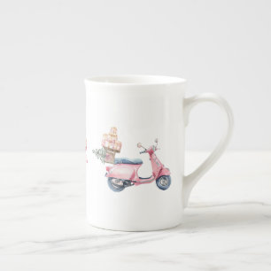 Taza De Porcelana Paseo de compras de Navidad en Scooter Rosa