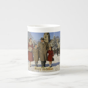 Taza De Porcelana Paseo familiar británico por la iglesia en Navidad