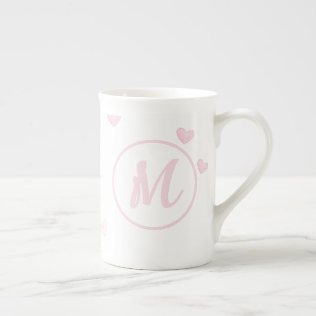 Taza De Porcelana Patrón cardíaco rosado Girly Romántico Monogramado (Derecha)