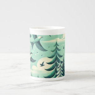 Taza De Porcelana Patrón de aves y bosques verdes verde azulados