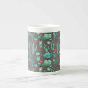 Taza De Porcelana patrón de cactus y ladybug - fondo negro