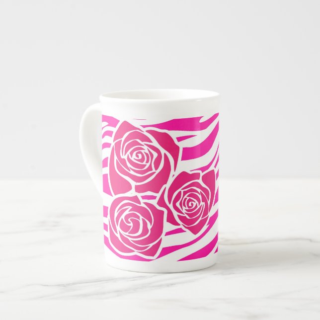 Taza De Porcelana Patrón de cebra + rosas rosadas Espresso/ Jumbo Mu (Izquierda)