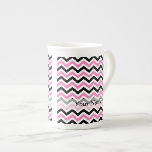 Taza De Porcelana Patrón de chevron rosa y negro