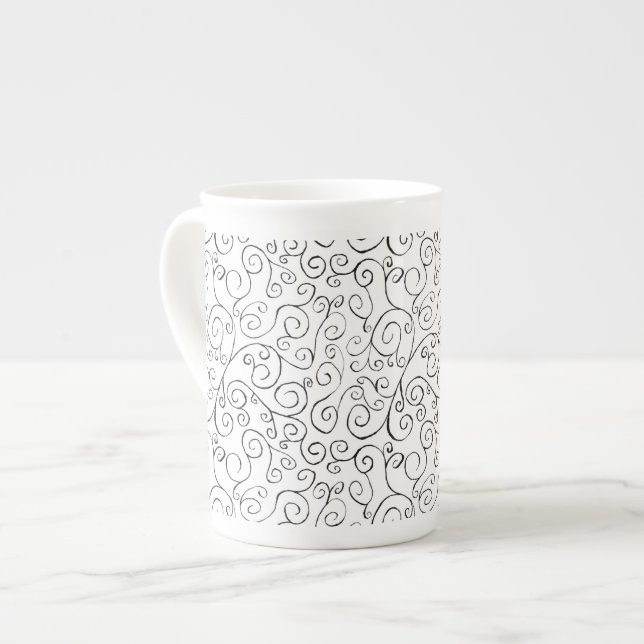 Taza De Porcelana Patrón de curvado negro pintado a mano sobre blanc (Izquierda)