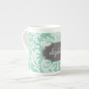 Taza De Porcelana Patrón de damasco de menta y gris con nombre perso