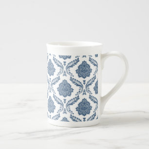 Taza De Porcelana Patrón de Damasco Rococó Azul sobre Blanco