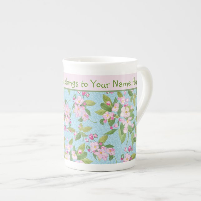 Taza De Porcelana Patrón de flores de Apple rosa y banda rosa (Derecha)