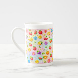 Taza De Porcelana Patrón de Frutas Coloridas con Flores y Frutas