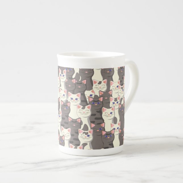 Taza De Porcelana Patrón de gatos blancos y grises (Derecha)