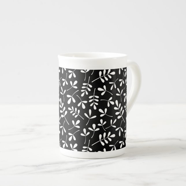 Taza De Porcelana Patrón de hojas variadas blanco sobre negro (Derecha)