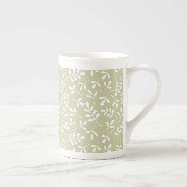 Taza De Porcelana Patrón de hojas variadas blanco sobre verde limón (Derecha)