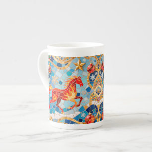 Taza De Porcelana Patrón de Navidades de Caballos Rojos Fiery de Año