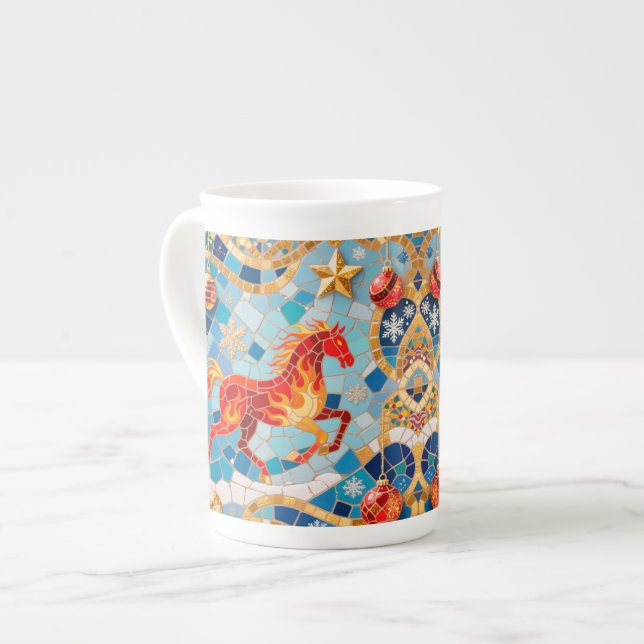 Taza De Porcelana Patrón de Navidades de Caballos Rojos Fiery de Año (Izquierda)