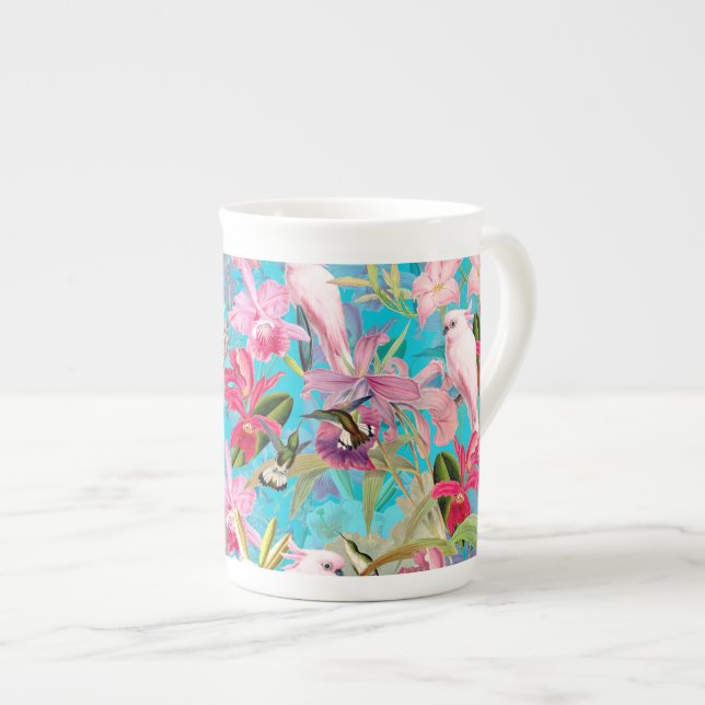 Taza De Porcelana Patrón De Pájaro Tropical Rosa Y Flor Orquídea (Derecha)