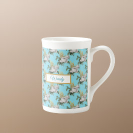 Taza De Porcelana Patrón de rosas blancas vintage en el monograma Aq