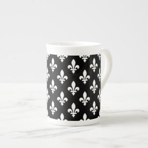 Taza De Porcelana Patrón Fleur de Lis, francés real, blanco sobre ne